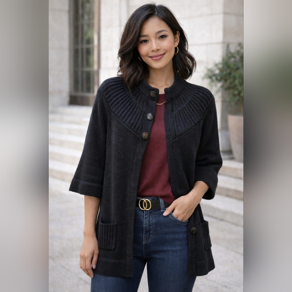 525 America Black Knit Open Sweater Coat With 3/4 Sleeve